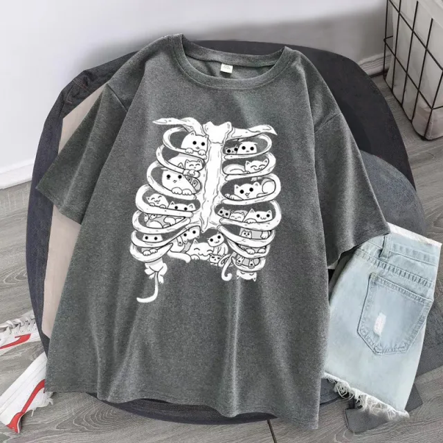 Skeleton Cat Gothic Print Round Neck Loose Men's And Women's T shirt Short Sleeve Hui Xxl - Shop at LoveMi