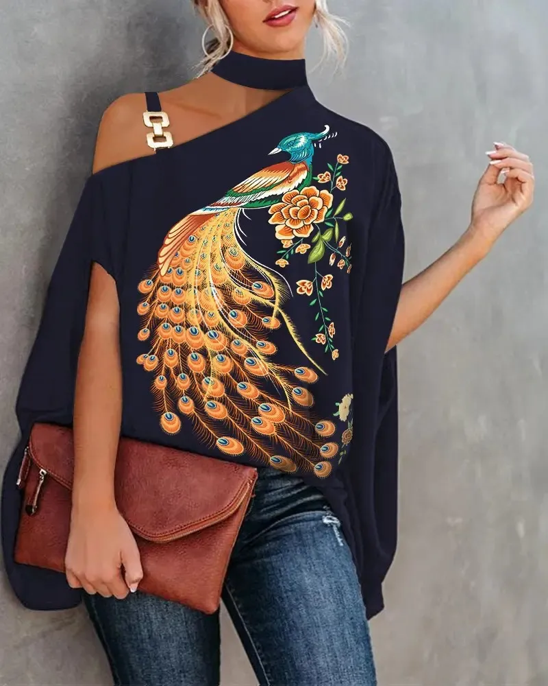 Wear Halter Shawl Printed Elegant Short Sleeve Bat Shirt - Peacock Printings-Xl