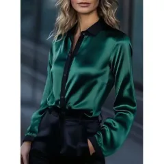 Womens Casual Loose Satin Colour-Block Long-Sleeve Shirt - Green - View 1