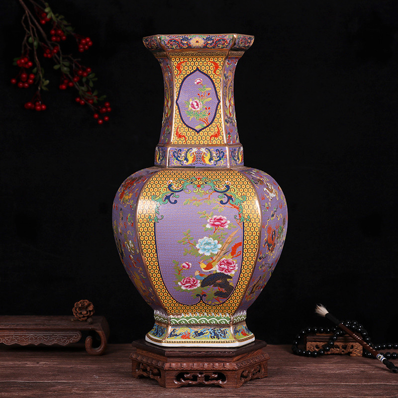 Hexagonal Enamel Porcelain Vase With Design Of Flowers And Birds