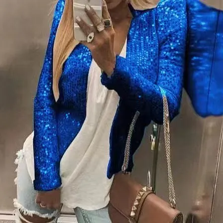 Women's Fashion Colorblock Sequins Short Casual Jacket Colorful Blue - Shop at LoveMi