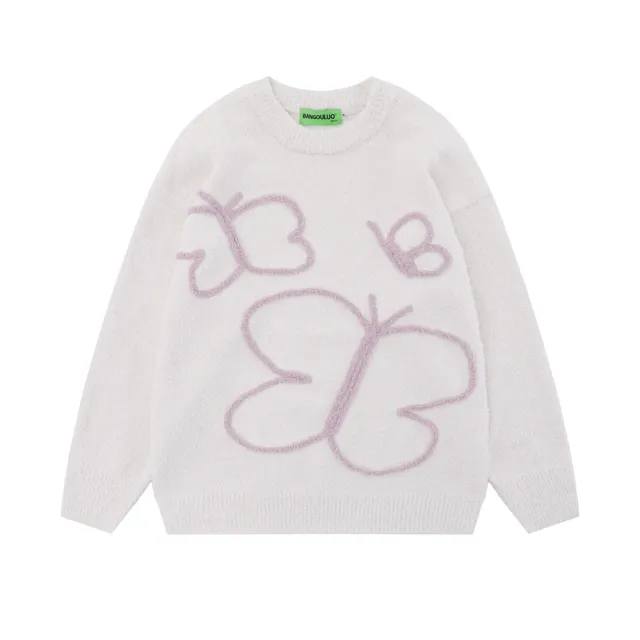 Niche High Street Design Butterfly Loose Round Neck Sweater Apricot - Shop at LoveMi