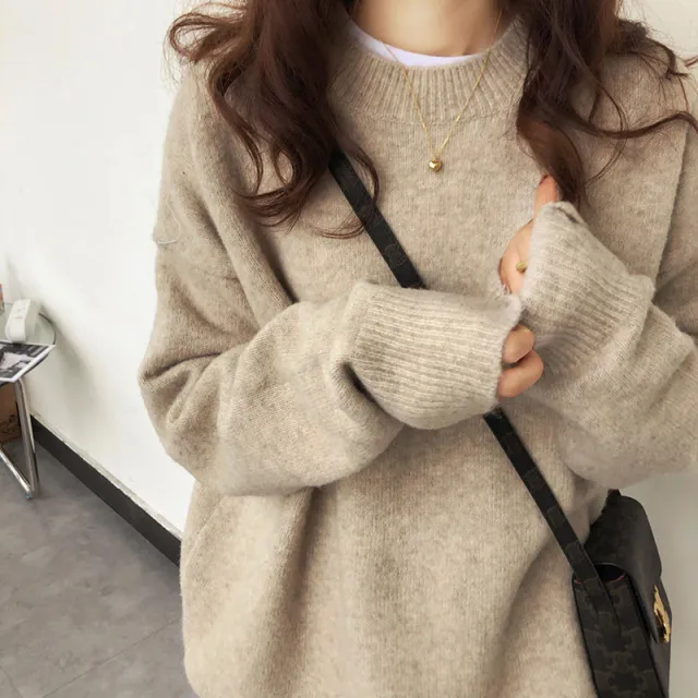 Solid Color Pullover Soft Glutinous Thickened Women's Round Neck Sweater Apricot - Shop at LoveMi