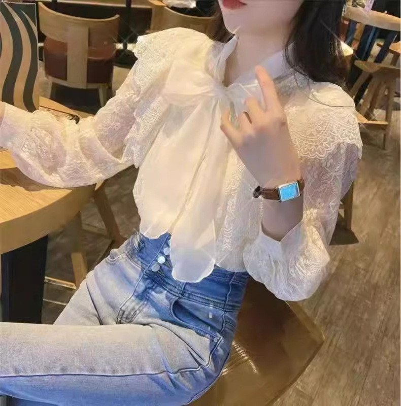 Title 2, Elegant Bow Long Sleeve Lace Shirt