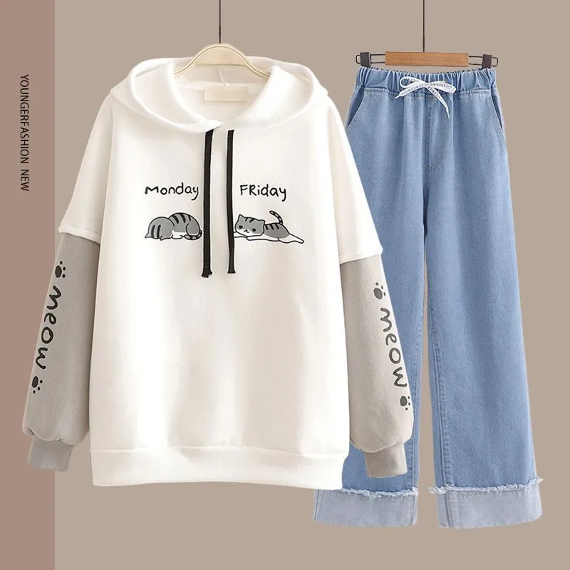 Spring Women's Clothing Student Hoodie Set Preppy-style Straight-leg Pants - White Wide Leg Pants