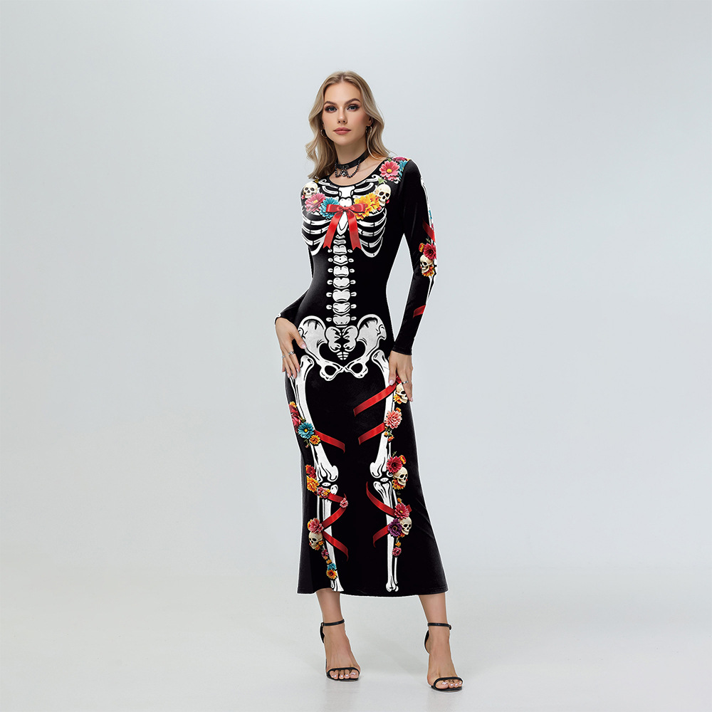 Long-sleeved Mermaid Dress With A Skeleton Flower And Bow Print