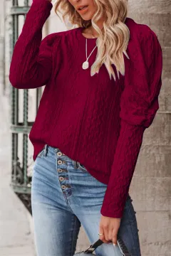 Women's Solid Color Jacquard Round Neck Gigot Sleeve Knitted Sweater Top - Wine Red - View 1