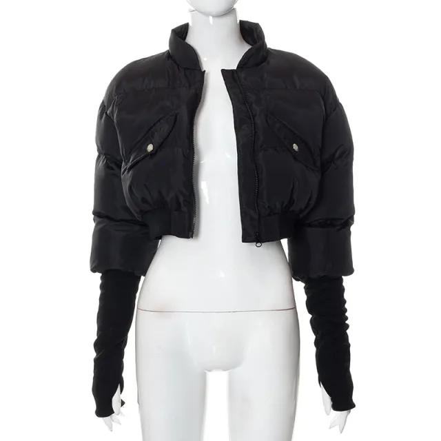 Winter Solid Color Stand Collar Pocket Zipper Sleeve Women's Wadded Jacket Top For Women Black - Shop at LoveMi