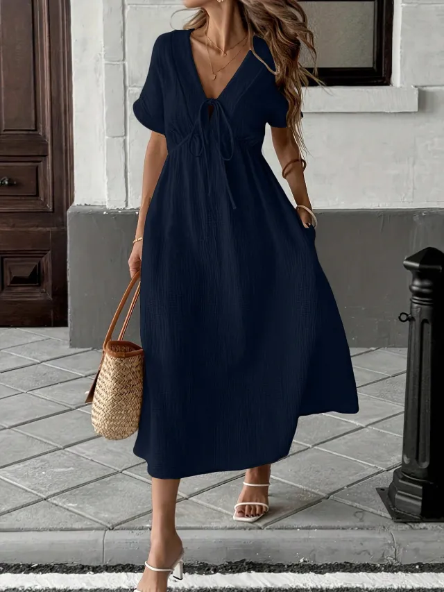 Womens Bohemian Deep V Neck Dress Blue - Shop at LoveMi