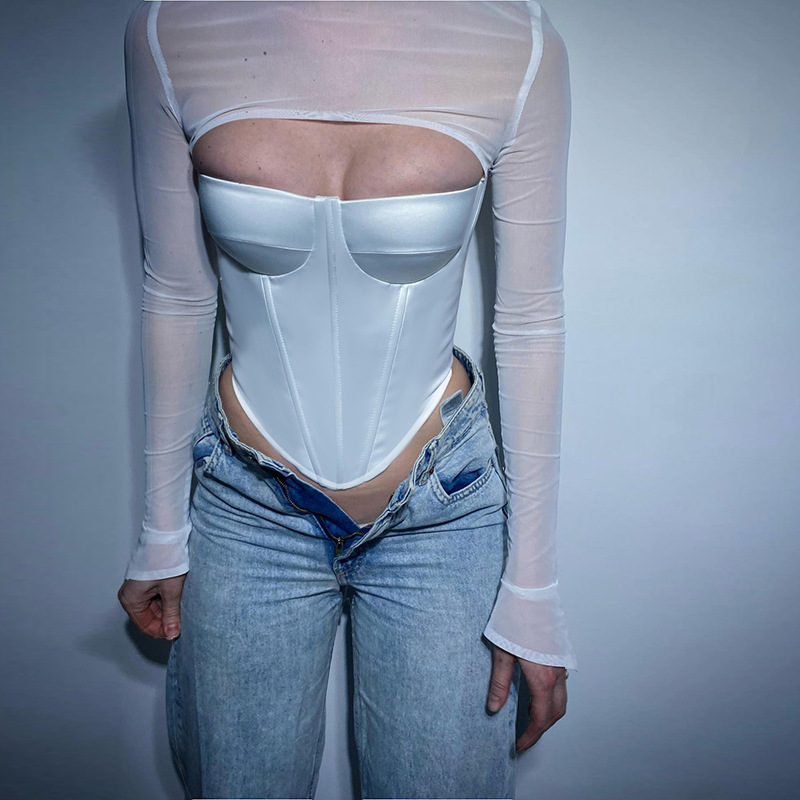 Women's Slim-fit Mesh Stitching Chest Cup Long-sleeved Top