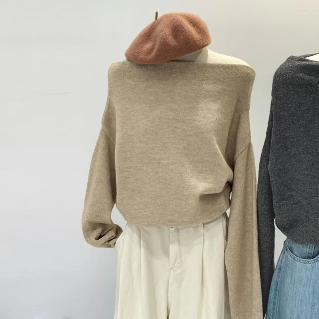 French Lazy Style Off shoulder Loose Knit Base Sweater Oatmeal Color - Shop at LoveMi