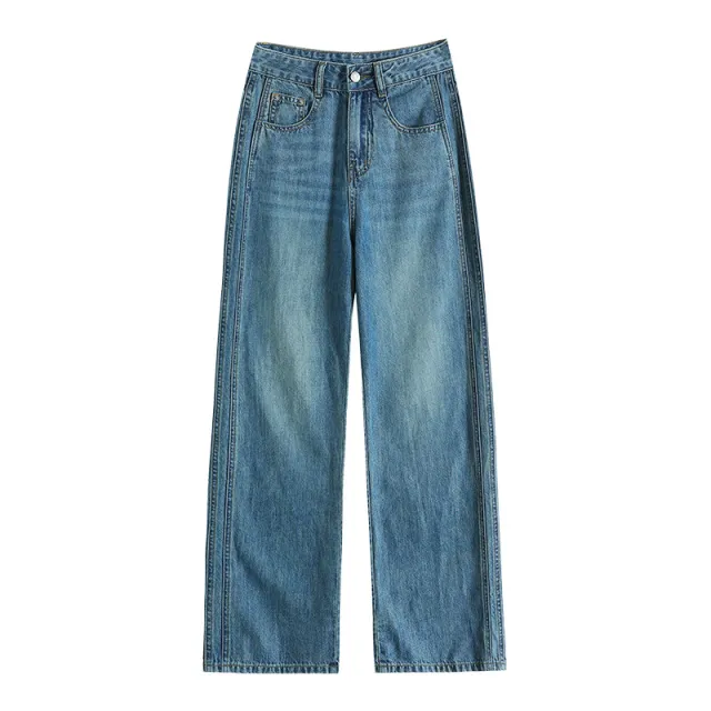 Fashion Women Loose Ice Silk Wide leg Pants Retro Blue Cropped - Shop at LoveMi