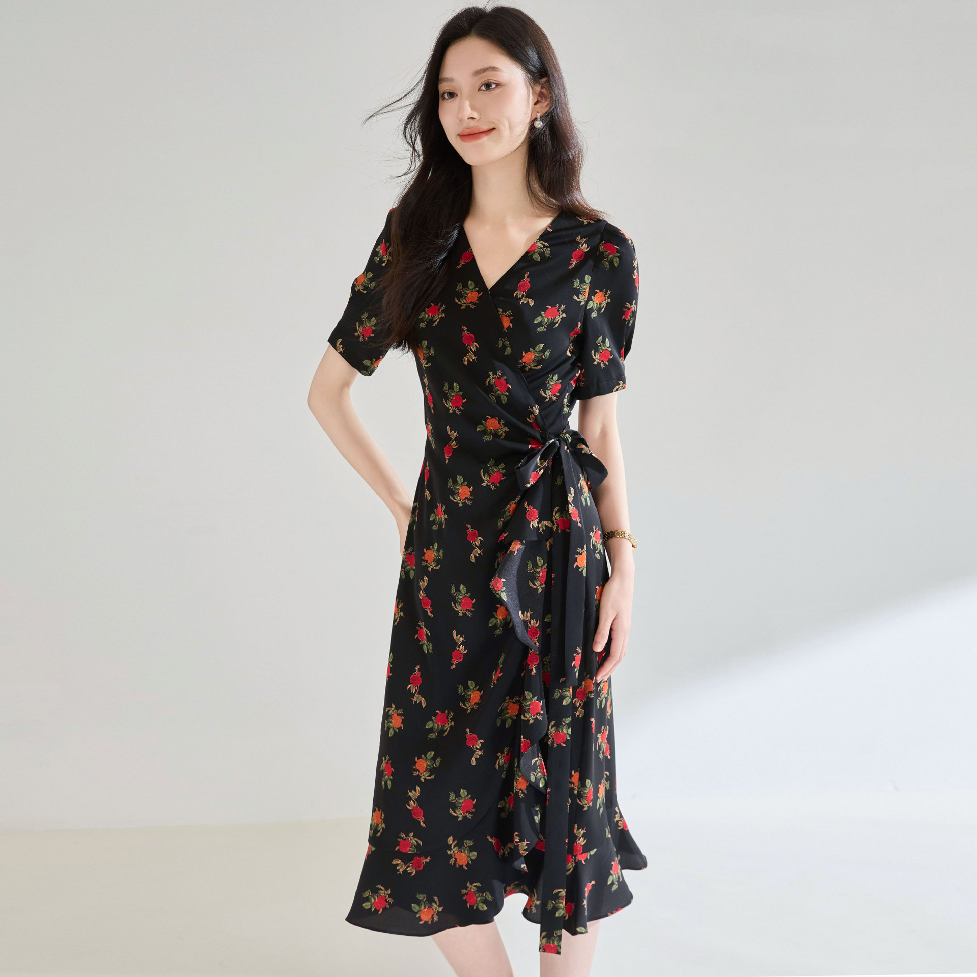 Rose Chiffon Printed Ruffles Dress