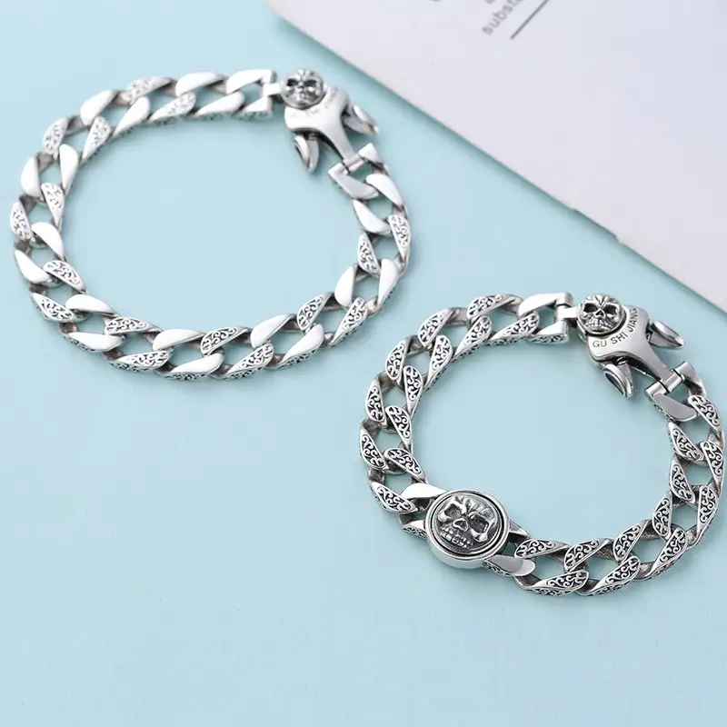 Sterling Silver Ornament Men's Trendy Rotating Skull Retro Fashion Tang Grass Pattern Bracelet