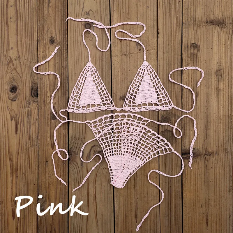 Handmade Crochet Mini Bikini Suit Beach Micro Swimsuit - Pink
