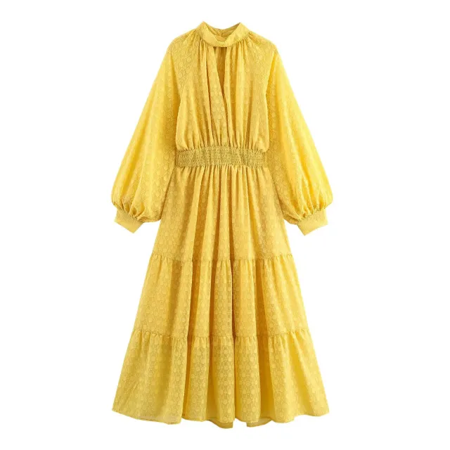 Fashionable Elegant Women's Clothing Slim fit Lantern Sleeve Waist tight Elegant Large Swing Skirt Yellow - Shop at LoveMi