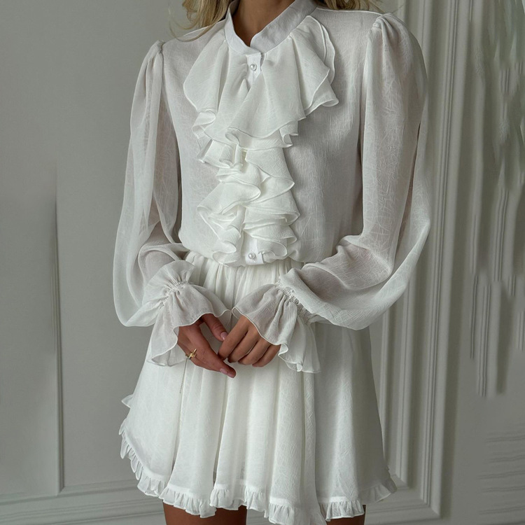 Elegant Ruffled Stand Collar Long Sleeve Elastic Waist Dress