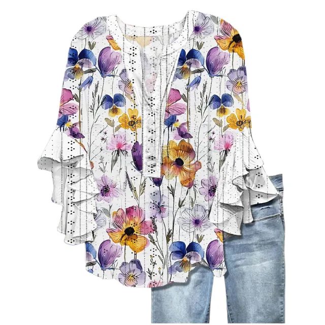 Printed Casual Trend V neck Flounce Sleeve T shirt Color1 L - Shop at LoveMi