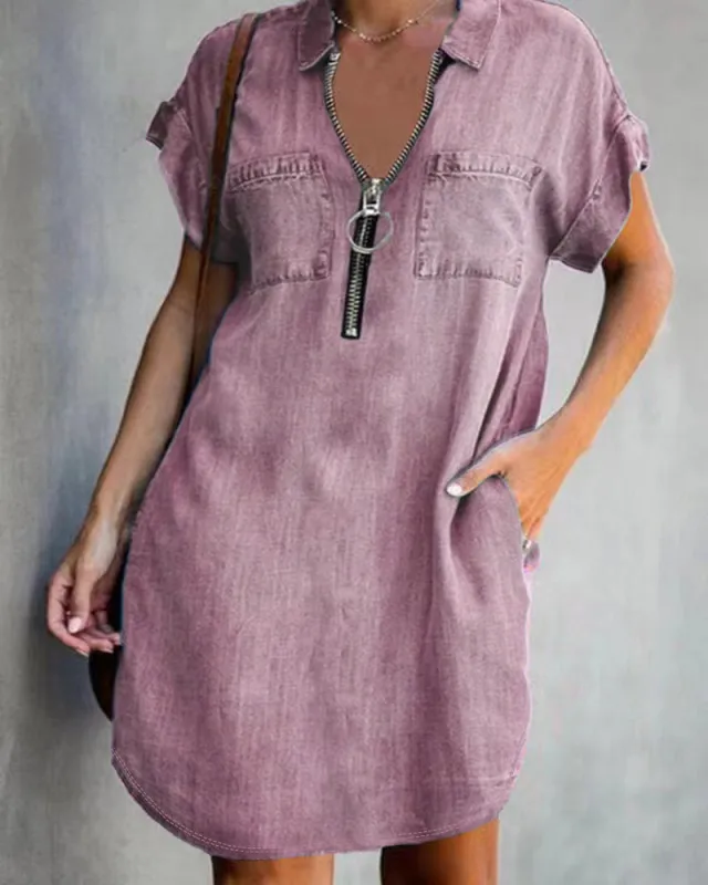 European And American Lapel Short Sleeve Loose Dress Denim Shirt Wine Red - Shop at LoveMi