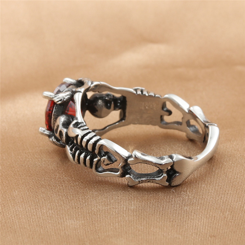 Titanium Steel Diamond Red Rock Ring Vintage Skull