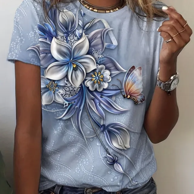 Pattern Round Neck T shirt Leisure Short Sleeve Blue - Shop at LoveMi