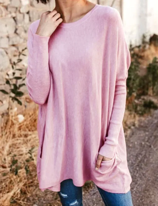 Women's Casual Pocket Loose Long Sleeve Top Pink - Shop at LoveMi