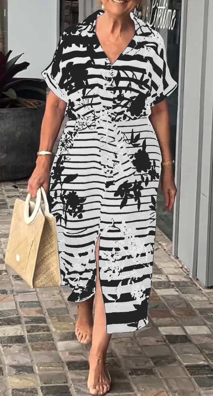 Women's Short Sleeve Belt Slit Hemline At Hem Plant Print Dress
