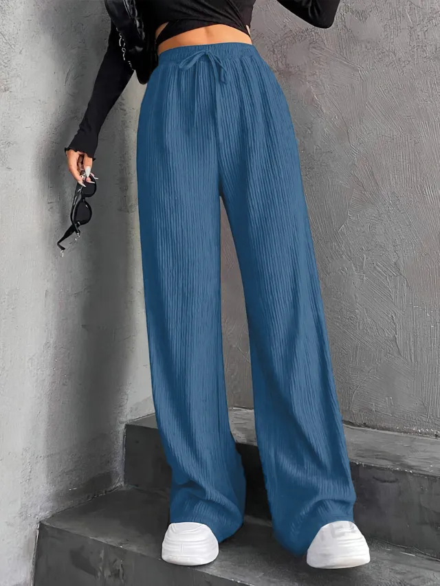 New Women's Elastic Waist Pinstripe Road Straight Wide Leg Light Blue - Shop at LoveMi
