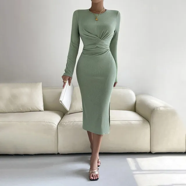 Round Neck Slim fit Sheath Long Sleeve Dress Light Green - Shop at LoveMi