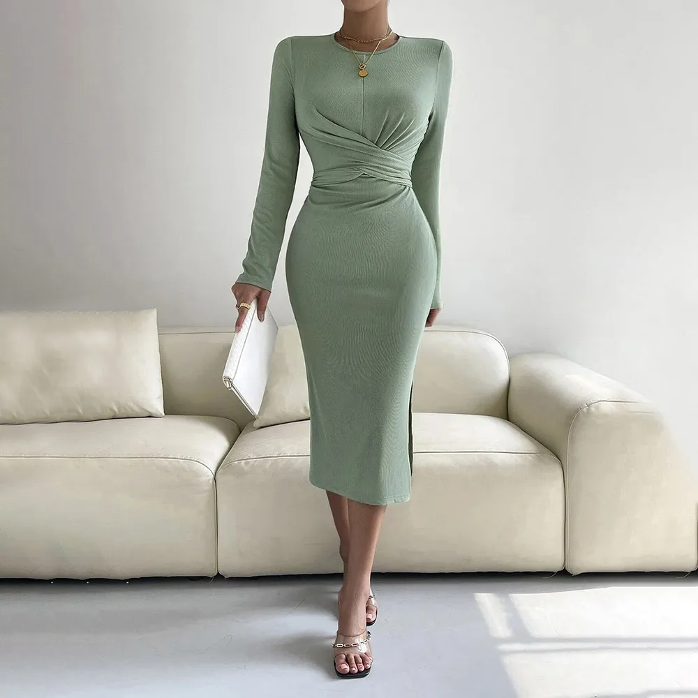 Round Neck Slim-fit Sheath Long Sleeve Dress - Light Green