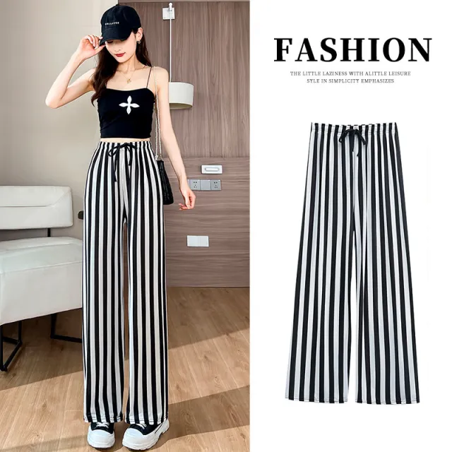 Draping Mopping Pants Straight Ink Painting Dye Pants For Women Black And White Stripes - Shop at LoveMi