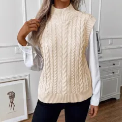 Women's Fashion Short Sleeveless High Neck Knit Sweater - White - View 1