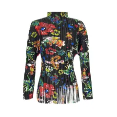 Women's Long Sleeve Fold Floral Skirt Top - Floral Suit Outfit Top Black - View 1