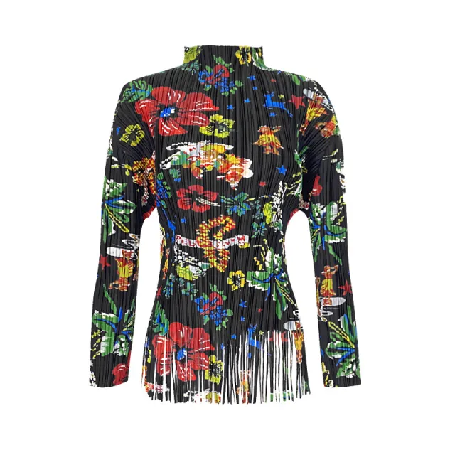 Women's Long Sleeve Fold Floral Skirt Top Floral Suit Outfit Top Black - Shop at LoveMi