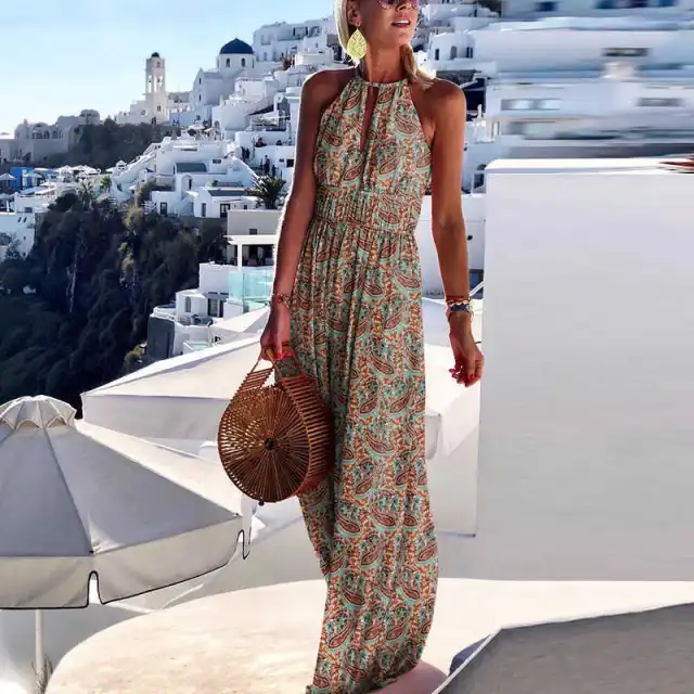 Round Neck Halter Backless Sexy Print Dress Women's Summer Dress Khaki - Shop at LoveMi