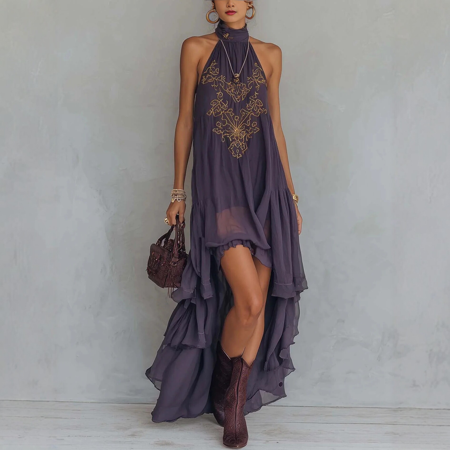 Purple Embroidered High-Neck Sleeveless Ruffle Hem Maxi Dress