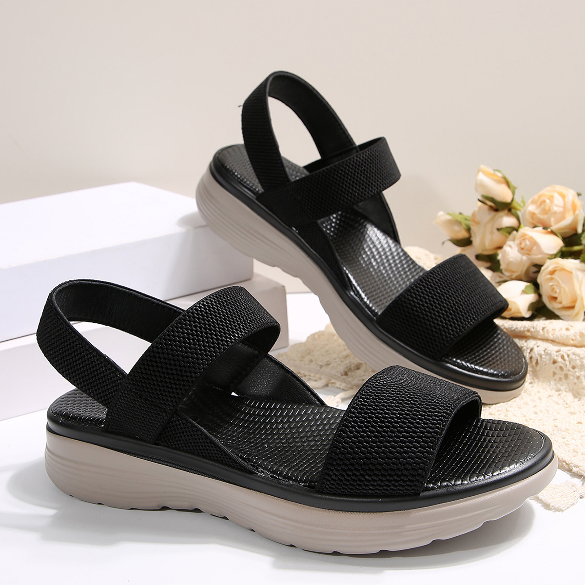 Platform Flat Peep-toe Elastic Strap Large-size Sandals For Women