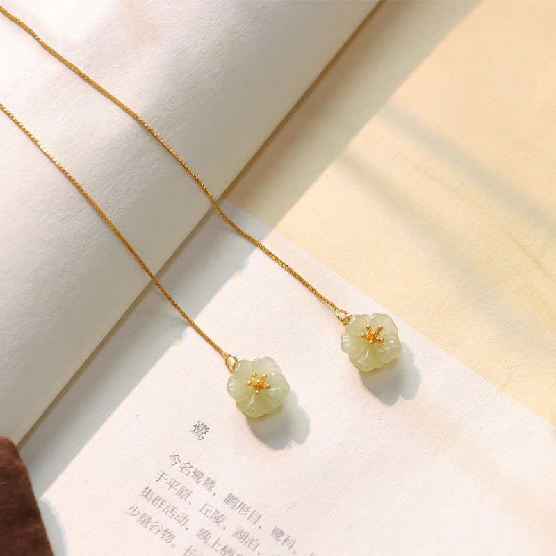 925 Gold And Silver Inlaid Natural Decorative Pattern Hetian Jade Earrings