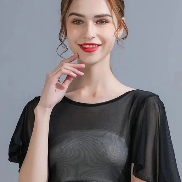 Arms Hiding One suit Skirt All match Ultra thin See through Mesh T shirt Black - Shop at LoveMi
