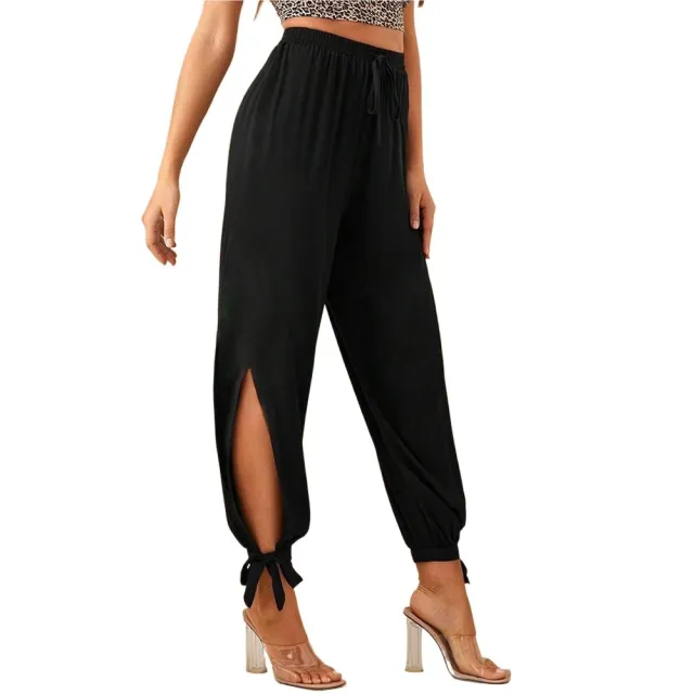 Black High waisted Drawstring Split leg Tie cuff Casual Pants Black - Shop at LoveMi