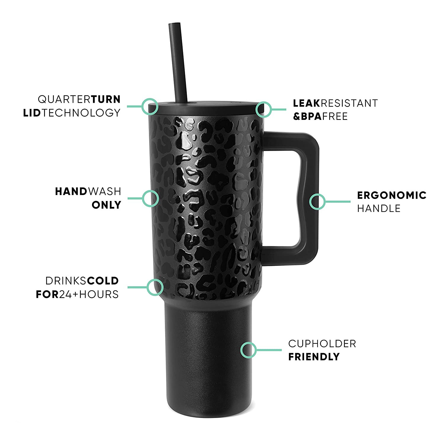 40oz Handle Cup 304 Stainless Steel Cold Insulation Large Ice Cup Black Leopard Print - Shop at LoveMi