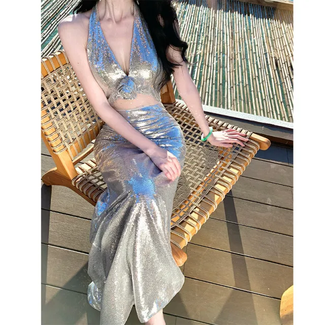 Sequined Evening Gown High end Light luxury Dress For Annual Company Events Silver - Shop at LoveMi