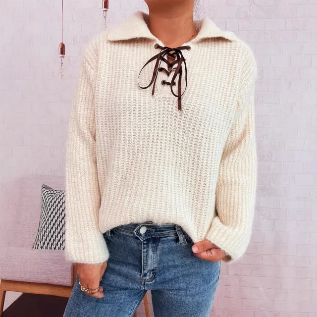 Simple Commute Lapel Tied Knitted Pullover Solid Color Loose Sweater White - Shop at LoveMi