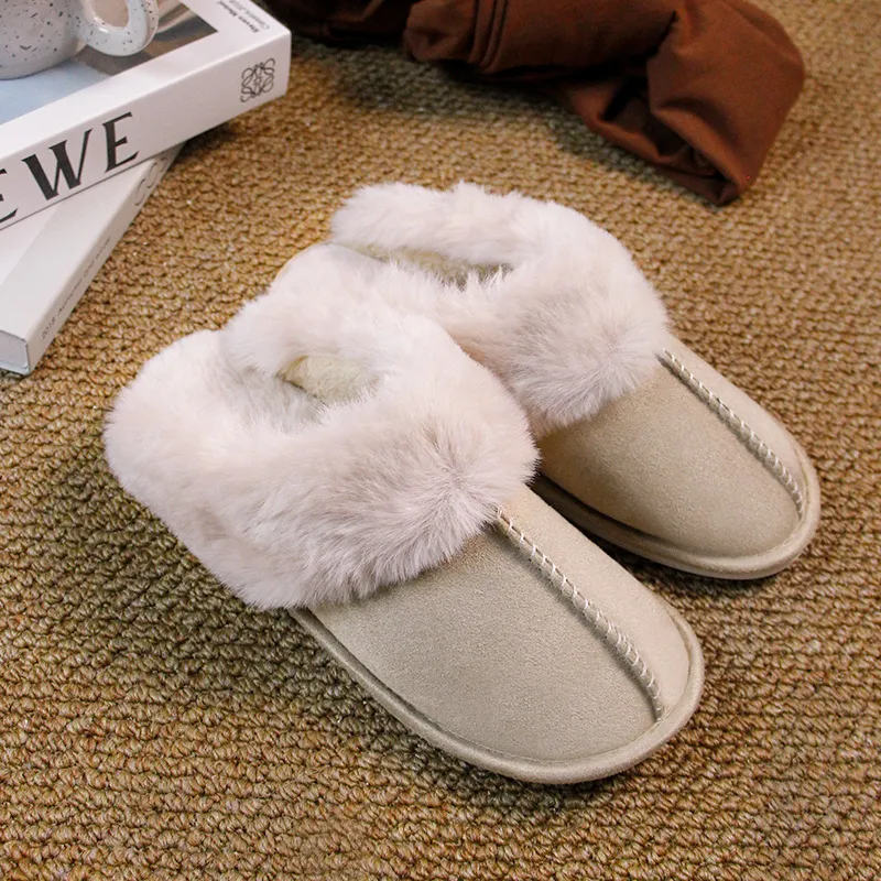 Home Fur Mouth Cotton Slippers Non-slip Toe Cap Autumn And Winter Plush Comfortable - Khaki