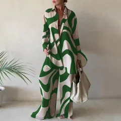 Fashion Printed Loose Long Sleeves Shirt Straight-leg Trousers Women's Suit - Green - View 1