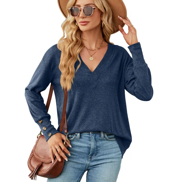Solid Color And V neck Loose Long Sleeve Button T shirt Top Blue - Shop at LoveMi