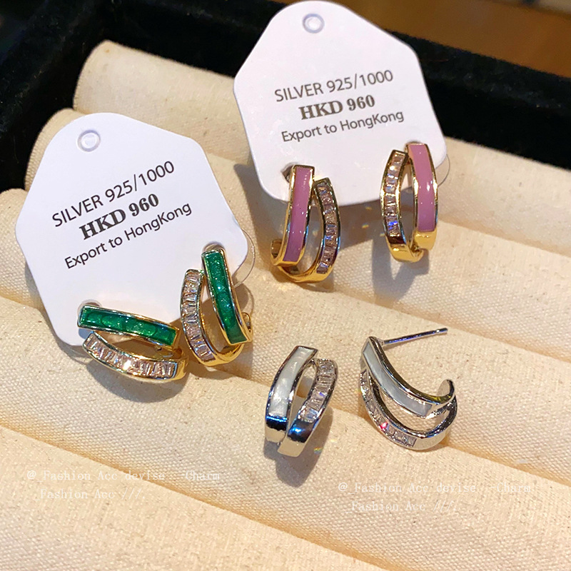 Electroplated Silver Needle Zircon Geometric Earrings