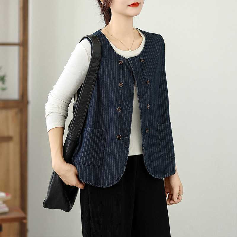 Retro-striped Denim Vest For Women