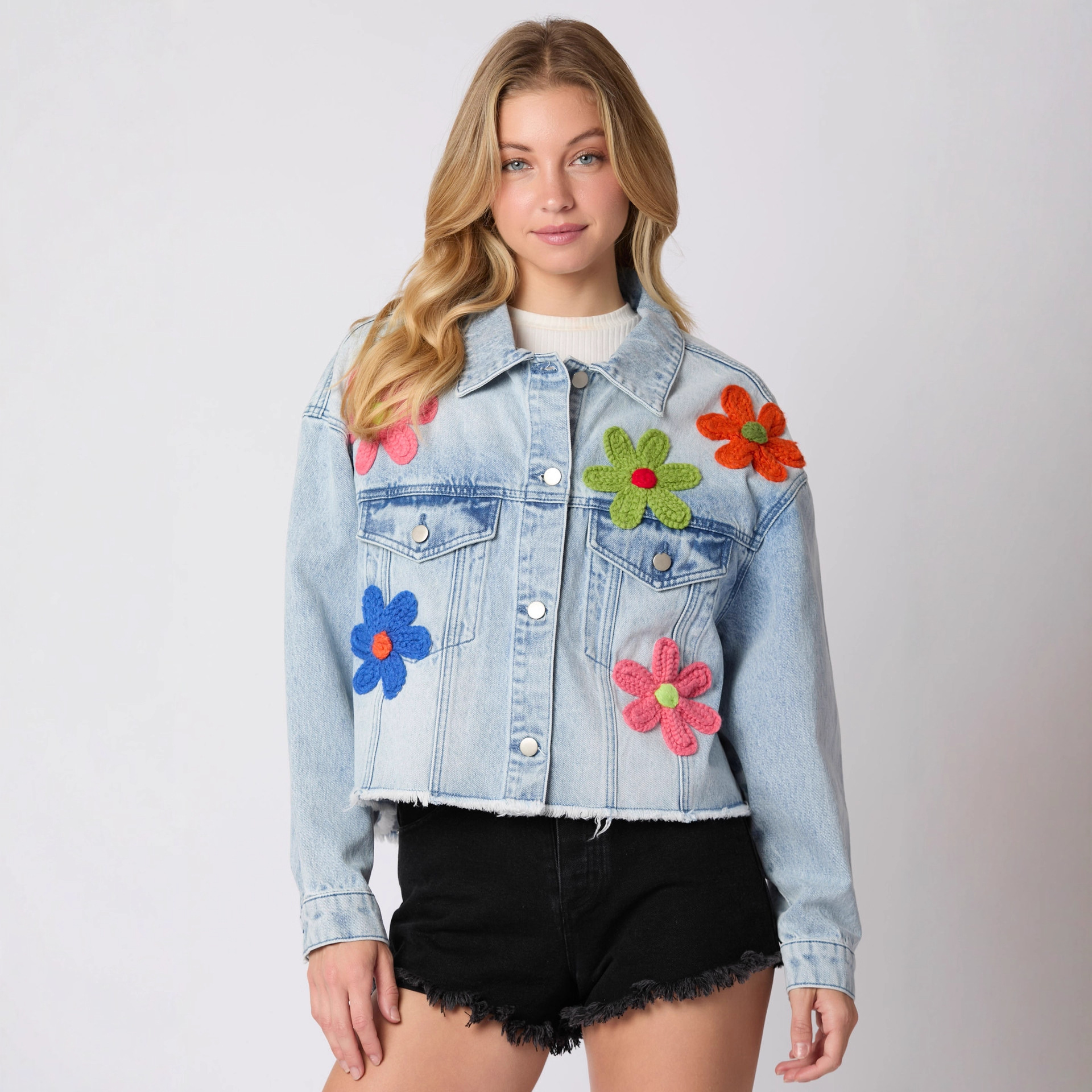 Multicolor Three-dimensional Floral-decorated Denim Jacket