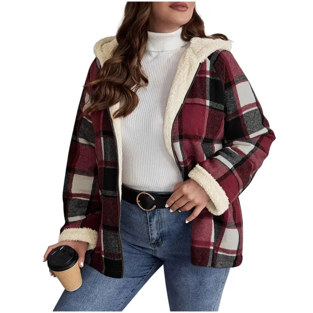 Plaid Printed Coat Fleece lined Thickened Composite Hooded Wine - Shop at LoveMi